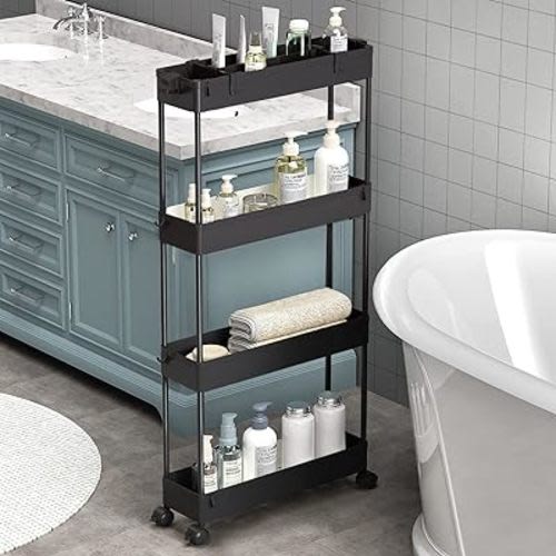 SPACELEAD Slim Storage Cart 4 Tier,Bathroom Organizer Rolling Utility,Mobile Shelving Unit Slide Out for Office, Kitchen, Laundry Room & Narrow Places,Black