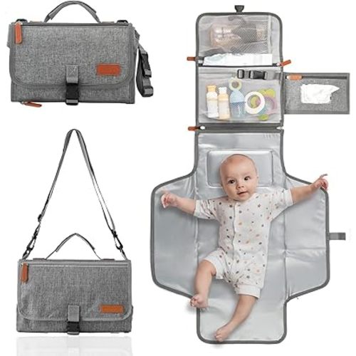 Baby Portable Diaper Changing Pad, Waterproof Travel Changing Mat with Built-in Pillow, Large Detachable Changing Pad for Newborn Girl & Boy Essentials with Smart Wipes Pocket (Changing Mat 27"x22")