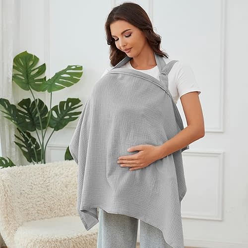 Nursing Cover for Baby Breastfeeding with Rigid Hoop, Breathable Soft 100% Muslin Cotton, Baby Breast Feeding & Pumping Apron (Grey)