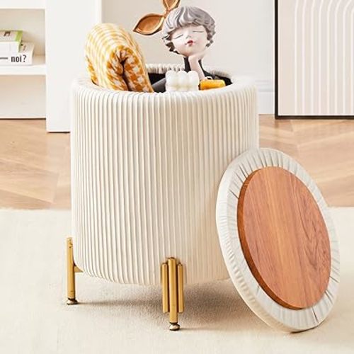 Mxfurhawa Round Ottoman Foot Stool with Storage and Metal Legs for Living Room Bedroom, Velvet Upholstered Footrest Stool Support 300lbs Modern Padded Seat Ottoman Coffee Table (Cream)