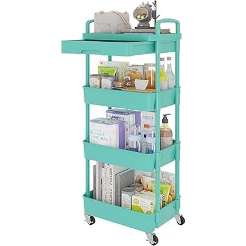 Calmootey 4-Tier Rolling Utility Cart with Drawer,Multifunctional Storage Organizer with Plastic Shelf & Metal Wheel,Storage Cart for Kitchen,Bathroom,Living Room,Office,Green