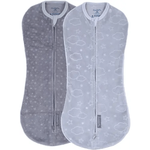 SwaddleMe by Ingenuity Compression Swaddle Pod in Velboa, Two-Way Zipper for Easy Changes, Improves Sleep & Calms Startle Reflex, 0-2 Months, 2-Pack - Clouds & Stars