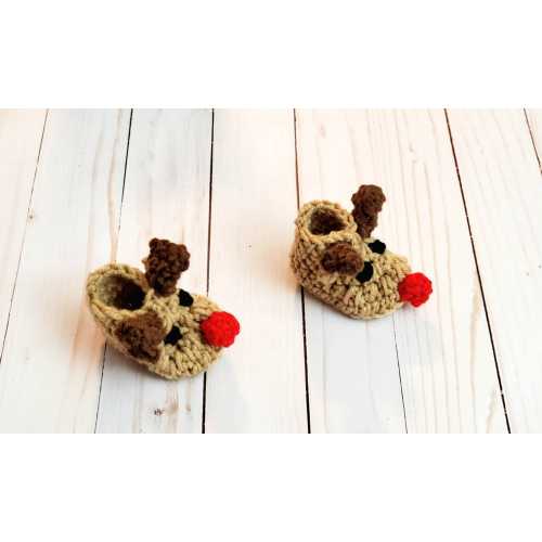 Rudolph Reindeer Baby Slippers, Christmas Red Nose Reindeer Crochet Infant Booties, Baby Photo Prop, Handmade Winter Shoes, Rudolf Baby Gift