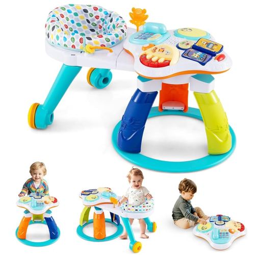 BABY JOY 3 in 1 Walk Around Baby Activity Center, Discovery Play Center with Interactive Toys & Wheels, 3 Adjustable Seat Heights, Toddler Activity Table for Boys Girls 6-36 Months (White)