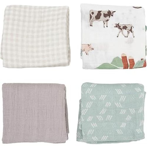 Little Unicorn Cotton Muslin Squares 4 Pack | Nursing, Burping, Feeding, Wiping, Spills | Super Soft and Lightweight Blanket for Baby Boys and Girls | 27.5” x 27.5” | Farmyard Set