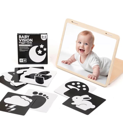 Montessori Tummy Time Toys Large Baby Safe Mirror and Card Display Stand with Black and White High Contrast Baby Cards