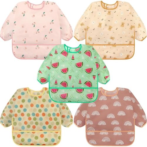 Accmor 5 Pack Long Sleeve Bibs, Baby Smock Waterproof Sleeved Bib Smock for Baby Toddler 6-36 Months