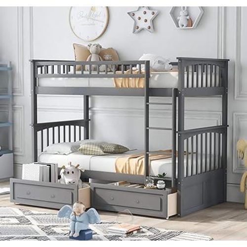 Harper & Bright Convertible Wood Twin-Over-Twin Bunk Bed with Storage Drawers and Ladder - Can Be Divided Into Two Daybeds (Grey)