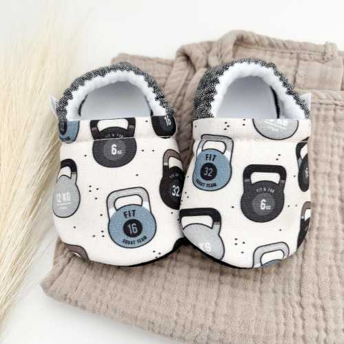 KETTLE BELL WORKOUT baby booties, slippers, crib shoes, soft sole, moccasins, baby shoes, toddler shoes