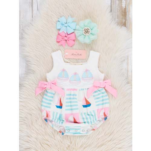 MarieNicole- Pink & Blue Embroidered Sailboats Bubble