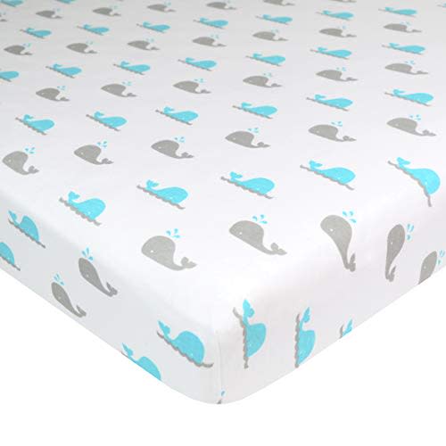 American Baby Company Fitted Mini Crib Sheet 24" x 38", Soft Breathable Neutral 100% Cotton Jersey Portable Sheet, Aqua Whale, for Boys and Girls, Fits Most Pack N Play and Mini Crib Mattresses