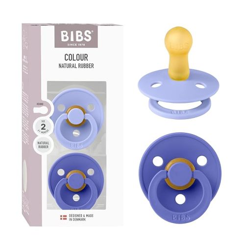 BIBS Color Pacifier 2-Pack, BPA Free Pacifiers, Round Nipple. Natural Rubber Latex, Size 2 (6-18 Months), Hush/Grape