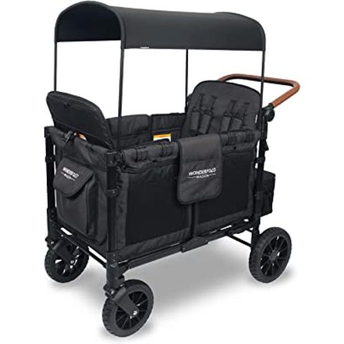 WONDERFOLD W4 Luxe Quad Stroller Wagon Featuring 4 High Face-to-Face Seats with Magnetic Buckle 5-Point Harnesses and Adjustable/Removable UV-Protection Canopy, Black