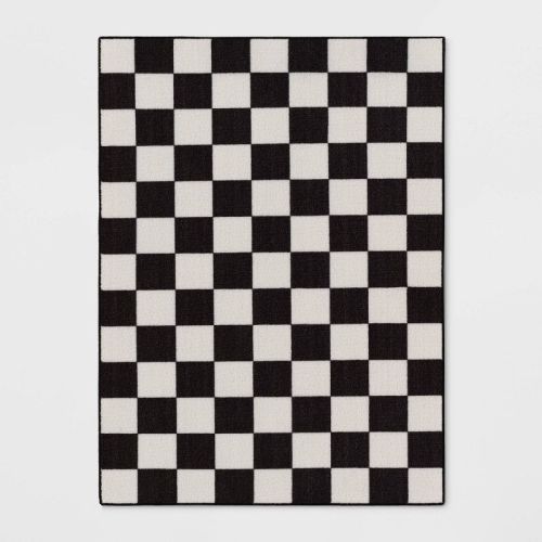 4'x5'5" Washable Small Checker Accent Rug Charcoal and Ivory - Room Essentials™: Checkered, OEKO-TEX Certified