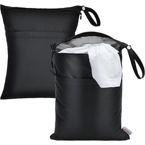 ALVABABY Wet Dry Bags Waterproof Reusable Two Pockets Travel Storage Bag Cosmetic Bag Handbags Wash Bag 2 Packs Beach Pool Daycare Soiled Swimsuits or Wet Clothes Black 2LY01-CA