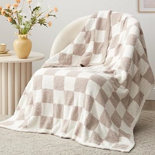 EXQ Home Checkered Throw Blanket, Knitted Blanket with Checkerboard Grid Pattern, Soft Cozy Fluffy Blanket for Couch Bed Sofa, Warm Fuzzy Plaid Blanket for All Seasons (Taupe, 50"×60")