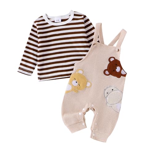 Rarjuiey Baby Boy Girl Fall Outfits Newborn Long Sleeve Striped Tops Bear Embroidery Overalls Pants Set 2Pcs Fall Clothes
