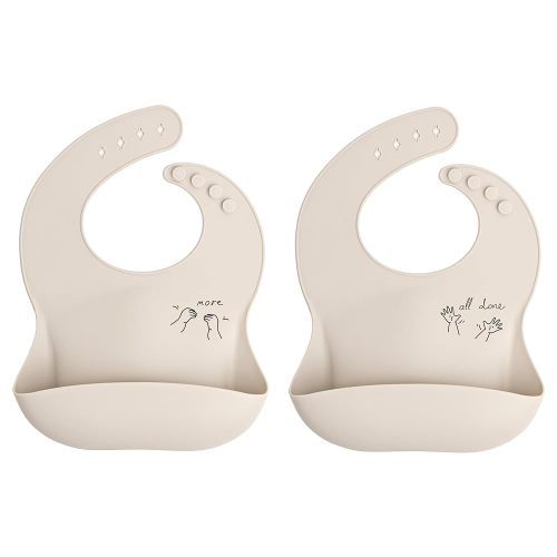 Baby Sign Language Silicone Bib Bundle, More & All Done, Oat Cream
