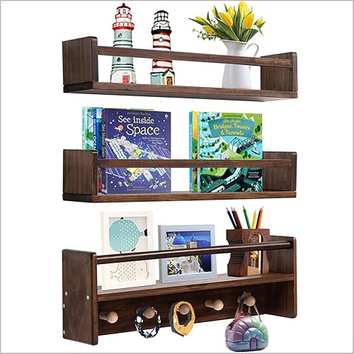 AZSKY 16 Inch Nursery Book Shelves Wall Floating Bookshelf with Hook Deep Walnut Hanging Book Shelf Toddler Room for Kids Room Bedroom Bathroom Living Room Kitchen Set of 3