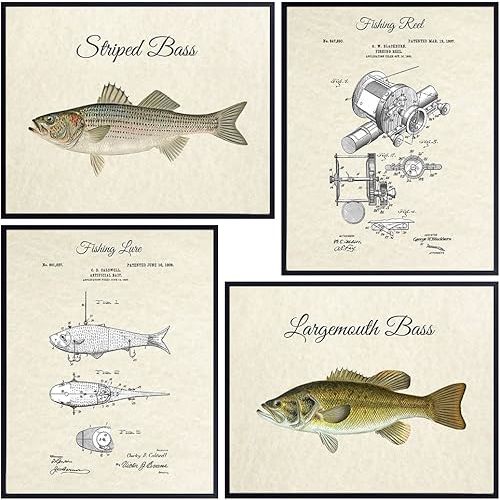 Bass Fishing, Lure, Reel, Patent Print Set - Vintage Rustic 4-8x10 Wall Art, Home Decor, Room Decoration Photo Pictures - Lake or River Fish Posters - Gift for Freshwater Fishermen, Fisherman, Angler