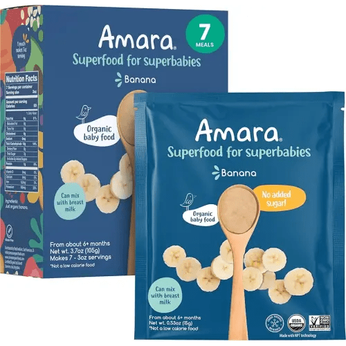Amara Organic Baby Food - Stage 1 - Banana - Baby Cereal to Mix With Breastmilk, Water or Baby Formula - Shelf Stable Baby Food Pouches Made from Organic Fruit - 7 Pouches, 3.5oz Per Serving