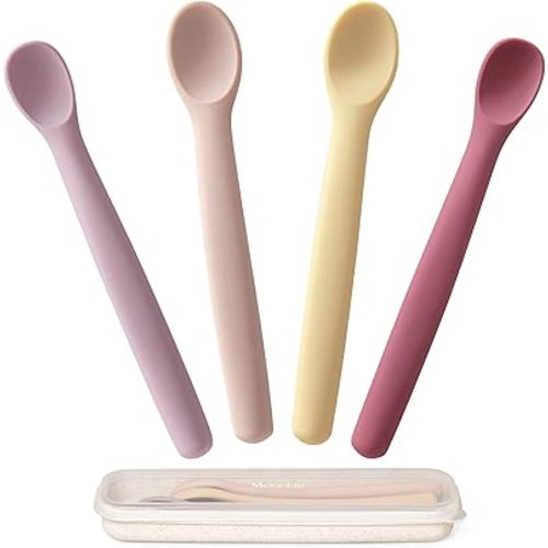 Moonkie Silicone Baby Spoons Set of 4, Two Sizes Feeding Spoon for First Stage 4+ Months, Baby Utensils with Case, Toddler Led Weaning Spoons, Bendable, Chewproof & Boil-proof