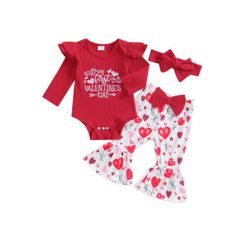 3pcs Newborn Baby Girl My First Valentine’s Day Clothes Long Sleeve Embroidery Romper + Flare Pants+ Headband