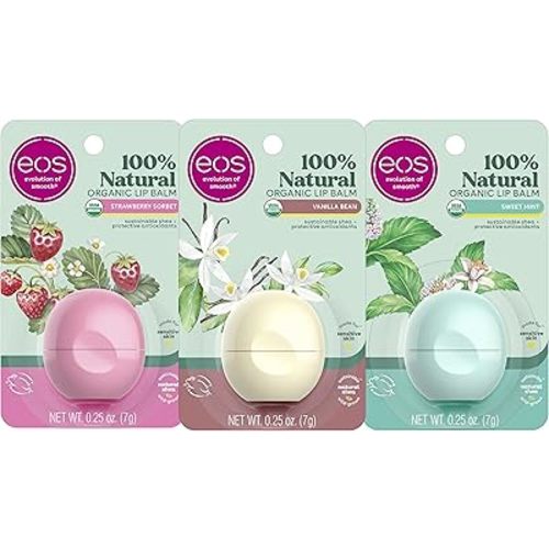 eos 100% Natural & Organic Lip Balm 3 Pack, Dermatologist Recommended, All-Day Moisture, Made for Sensitive Skin, Lip Care Products, 0.25 oz
