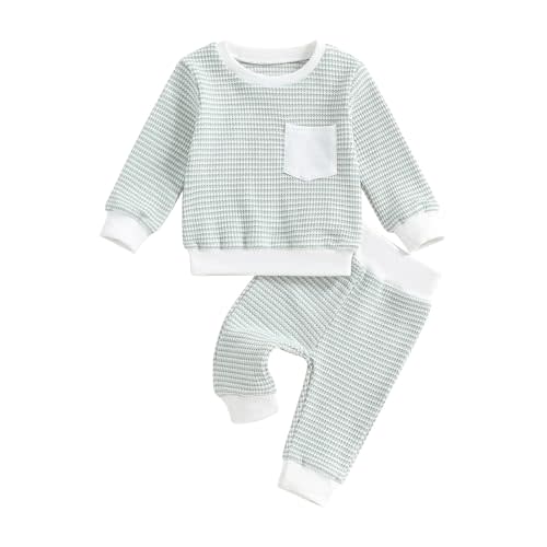 ZAXARRA Baby Boy Fall Clothes Long Sleeve Toddler Boy Waffle Sweatshirt Pullover Tops Pants Infant Fall Winter Outfits
