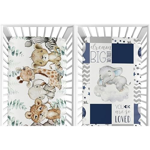 HawSkgFub Safari Jungle African Animals Eucalyptus Leaf + Navy Blue Sleeping Elephant Fitted Standard Crib Sheet for Baby Boys, Toddler Mattress Cover Stretchy Nursery Bed Sheets Decor Gift 52" x 28"