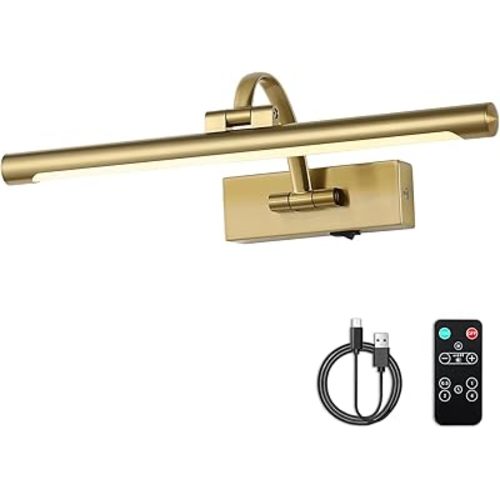 Battery Operated Picture Light with Remote and Timer, Wireless Art Lights for Paintings Brass Rechargeable Gallery Light Dimmable Artwork Lighting for Canvas, Portrait 16'' Inch Warm White