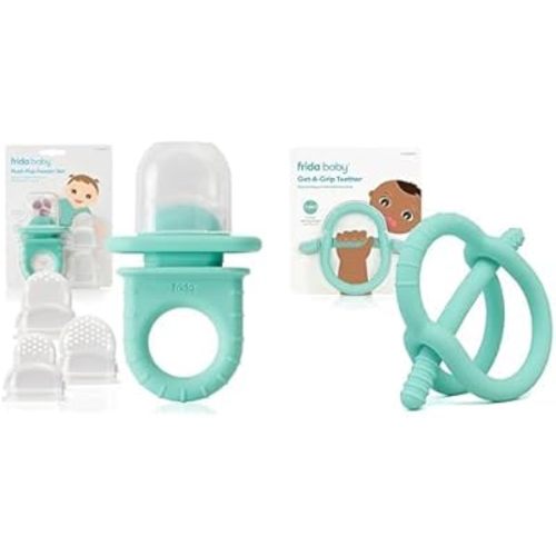 Frida Baby Push Pop Feeder, Baby Fruit Feeder + Get-A-Grip Teether Teething Toy | 100% Food-Grade Silicone Food Pacifier & Teether Toy for Baby 0-6, 12, 18 Months Infant, (Teal)