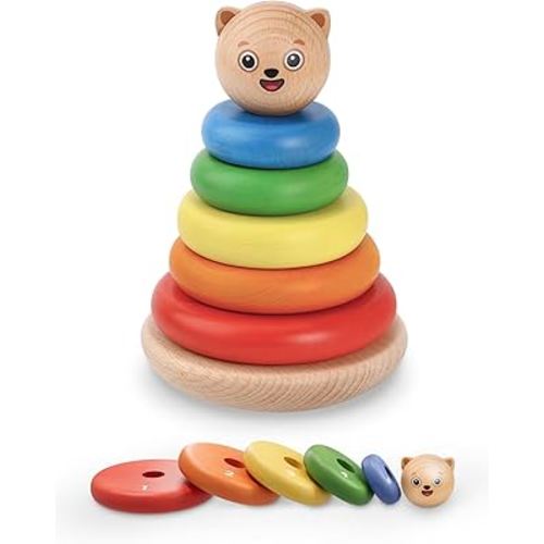 Bimi Boo Wooden Rainbow Stacking Rings for Toddlers - Ring Stacker Baby Toy with Roly-Poly Base - Montessori Early Counting Toy, Size Recognition Learning Activity - Ideal Baby Gift (5 Rings)