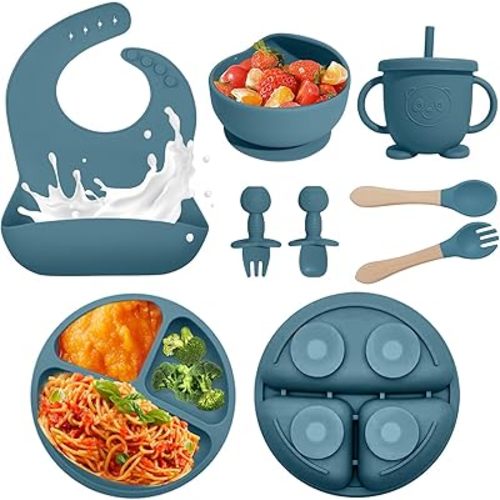 Baby Led Weaning Supplies, 8 Piece BPA-Free Silicone Feeding Set, Silicone Suction Bowl, Forks & Spoons, Bib & Cup, Develops Self Feeding Skills, Dishwasher Safe, for 6+ Months (Blue)