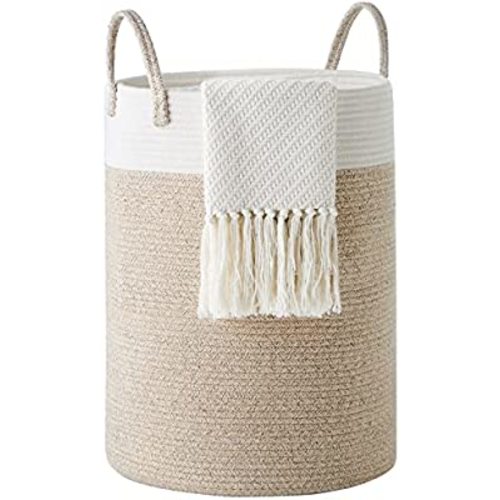 Cotton Rope Laundry Hamper by YOUDENOVA, 58L - Woven Collapsible Laundry Basket - Clothes Storage Basket for Blankets, Laundry Room Organizing, Bedroom Storage, Clothes Hamper – Brown & White