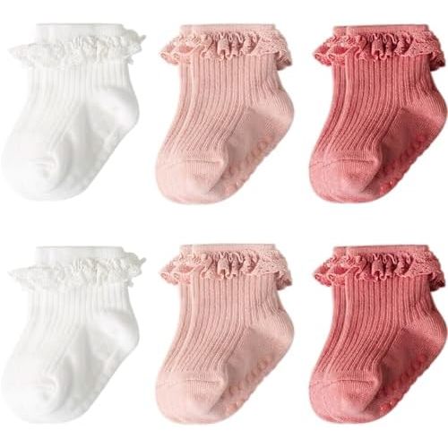 Baby Girl Toddlers Socks with Non-slip Grip Cute Frilly Ruffle Ankle Soft Cotton Newborn Baby Socks for Infant Kids