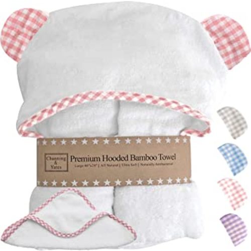 Channing & Yates Premium Organic Baby Towels for Girls - Viscose Made from Bamboo Baby Towel and Washcloth Set - Baby Girl Bath Towels with Hood - Luxury Baby Gifts for Bath (Pink)