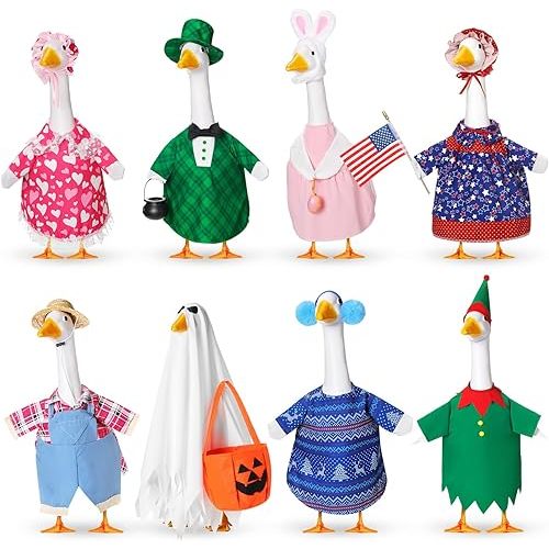 8 Set Seasonal Holiday Goose Outfits Fall Halloween Christmas Summer All Seasons Lawn Porch Goose Clothes Costume for 23" Cement Statue Garden Patio Outdoor Decoration(Basic Style)