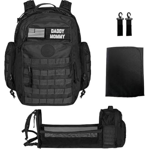 Phil & Jack Dad Diaper Bag Backpack, Baby Diaper Bag with Changing Station, Tactical Military Style, Womens Mens Diaper Bag (Black)