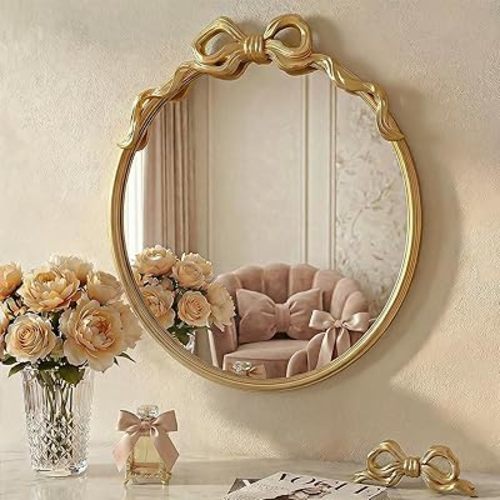 Vintage Round Gold Wall Mirror - 20"x21" Antique Circle Gold Bow Wall Decorative Mirror, Metal Frame Baroque Bow Decor for Living Room, Nursery, Bedroom, Entryway, Hallway