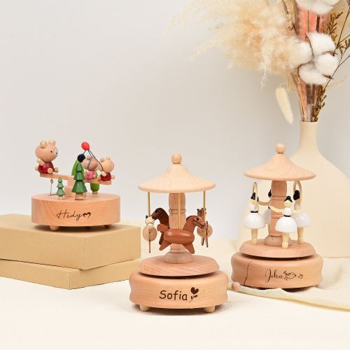 Musical Wooden Ballerina Carousel Keepsake, Custom Christmas Gift, Engraved Name Music Box, Baby Shower Gift, Christmas, Wooden Music Box
