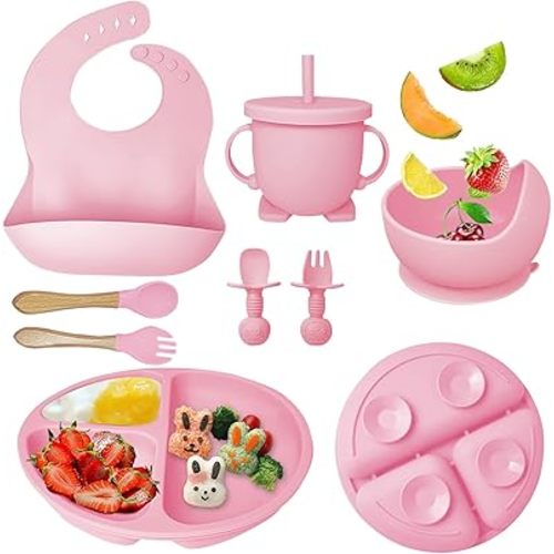 Baby Feeding Set 8 Piece | Baby Led Weaning Utensils Set Includes Suction Bowl and Plate, Baby Spoon and Fork, Sippy Cup with Straw and Lid | Baby Feeding Supplies - Pink
