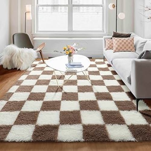 KICMOR Living Room Rug 5x8 Brown and Cream White, Large Fluffy Shag Fuzzy Checkered Area Rugs Shaggy Bedroom Carpet, Indoor Soft Plush Furry Big Rug for Teen Kids Boys Girls Room Nursery Home Decor