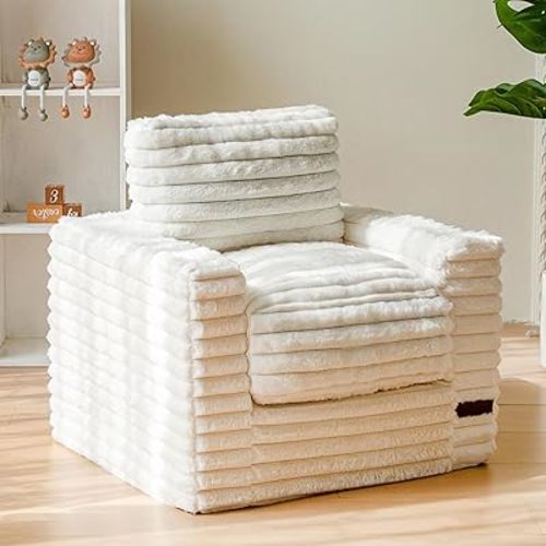 MAXYOYO Kids Bean Bag Chair, Comfy Faux Fur Bean Bag Sofa with Filler, Upholstered Floor Sofa with Pillows and Armrests, Lazy Floor Chair Couch for Boys and Girls, Beige