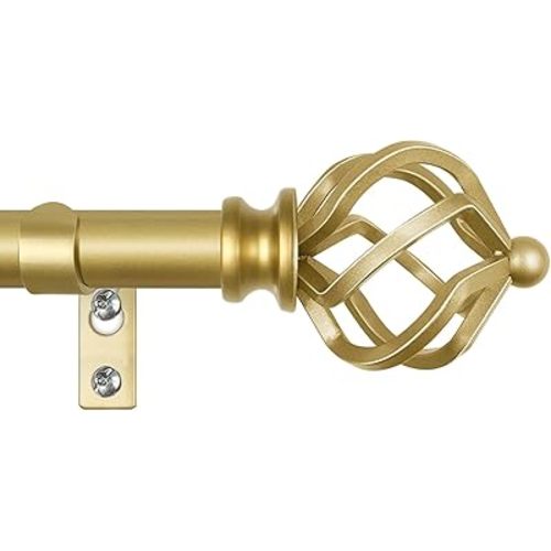 KAMANINA Gold Curtain Rods for Windows 72 to 144 Inch, Long Curtain Rod 32 to 144 Inches (2.6-12ft), 6/8 In Splicing Adjustable Single Drapery Rod with Twisted Cage Finial
