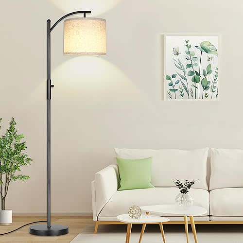 Dimmable Floor Lamp, Arc Floor Lamps for Living Room, Stepless Dimming Modern Standing Lamp with Linen Shade, Tall Lamp for Bedroom Office Dining Room- Black