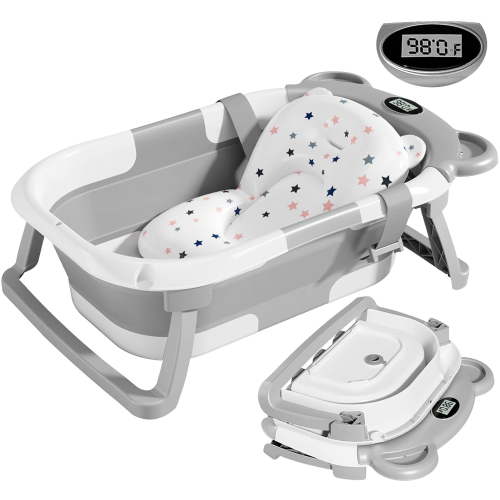 Collapsible Baby Bathtub with Floating Cushion,Foldable Baby Bath Tub Set , Portable Travel Baby Tub for babyGray