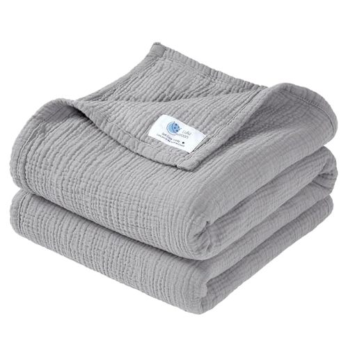 lulumoon Muslin Baby Blanket Neutral: 100% Cotton Crib Blanket for Toddler & Infant - 4-Layers Breathable for Travel Stroller & Nursery Daycare 47"x47"(Grey)