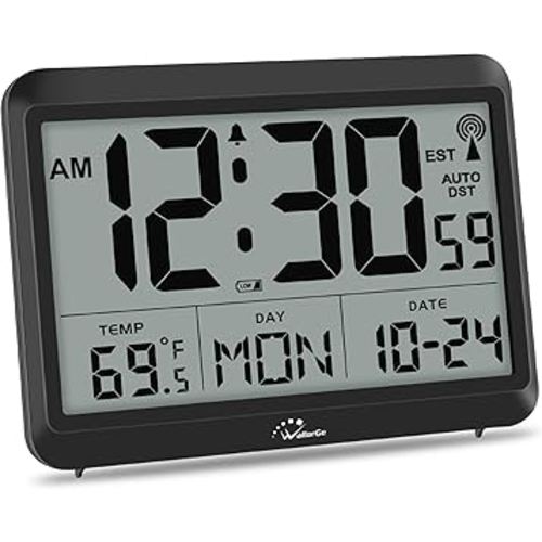 WallarGe Atomic Clock Battery Operated - Large Display Digital Alarm Clock with Seconds and Indoor Temeperature, 4 Time Zones, DST