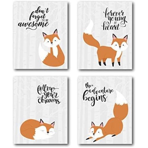 XWELLDAN Inspirational Quotes Fox Wall Art Prints, Woodland Animals Decor for Nursery Kids Bedroom Classroom, 8 x 10 Inch Set of 4 Prints, No Frame